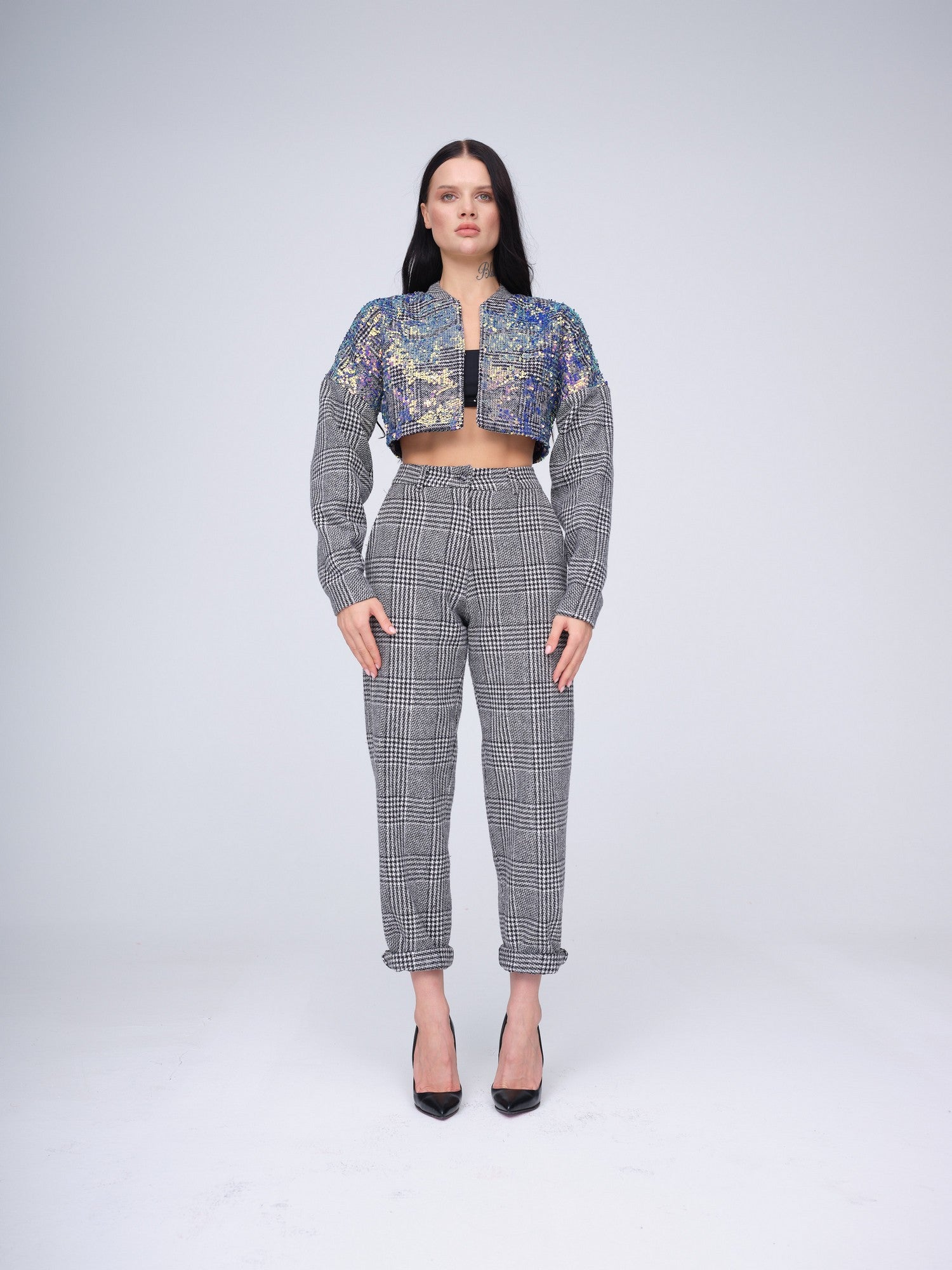 Women's high-waisted black and white plaid tailored trousers