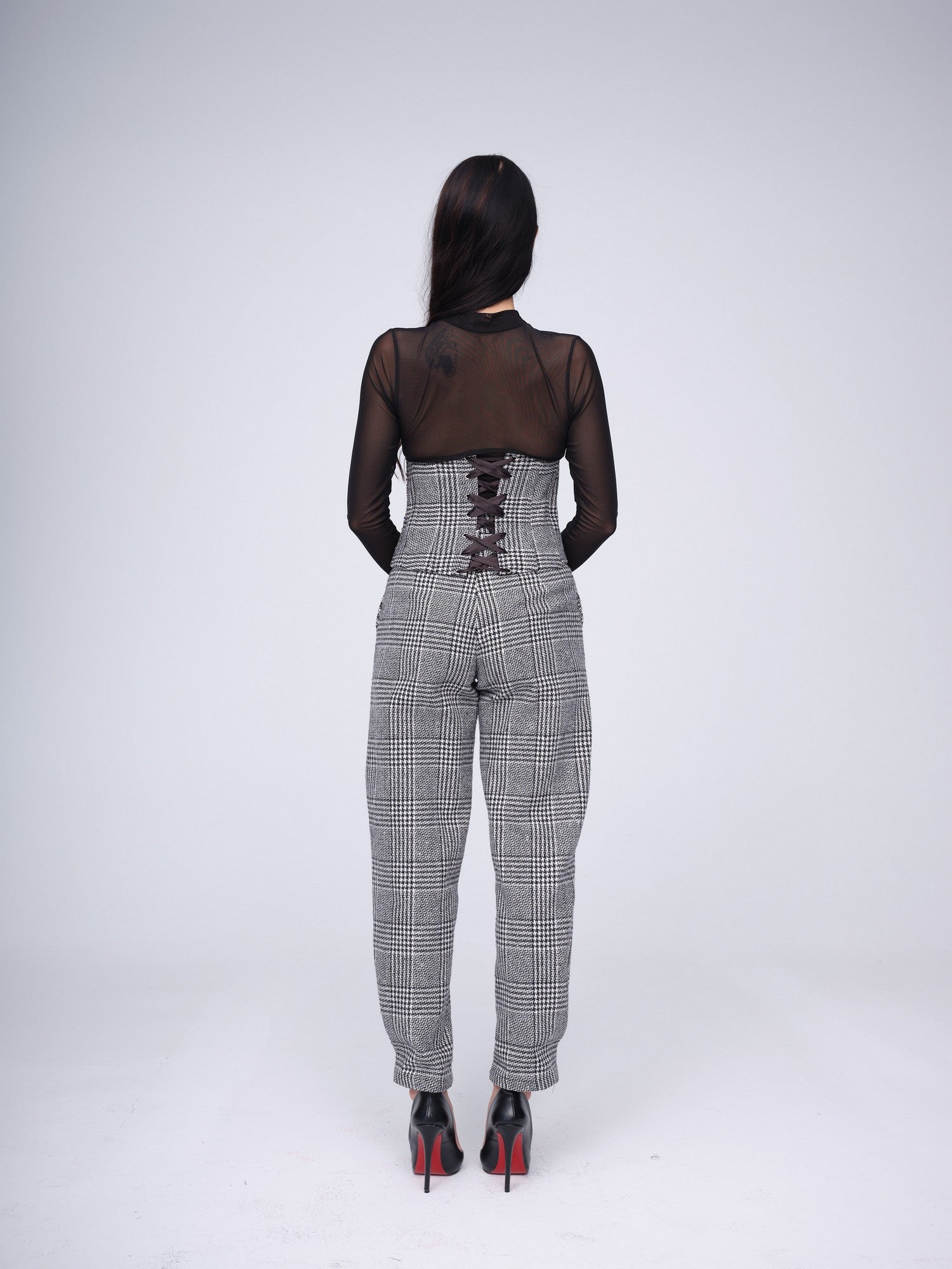 Women's high-waisted black and white plaid tailored trousers