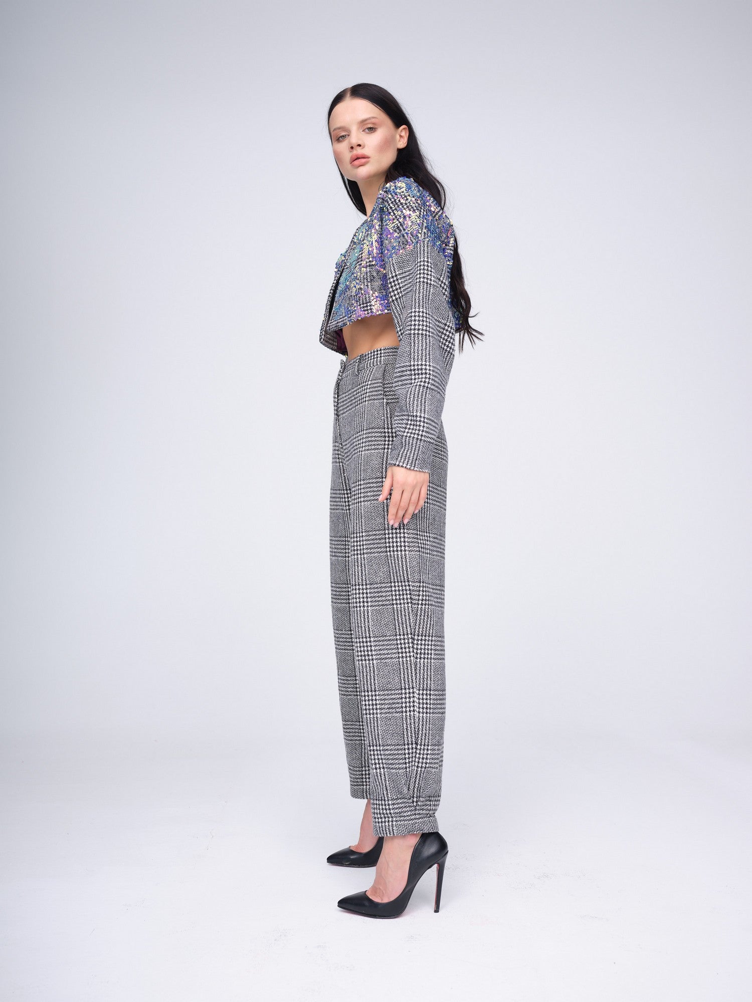 Women's high-waisted black and white plaid tailored trousers